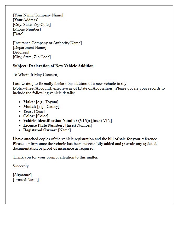 New Vehicle Addition Declaration Letter