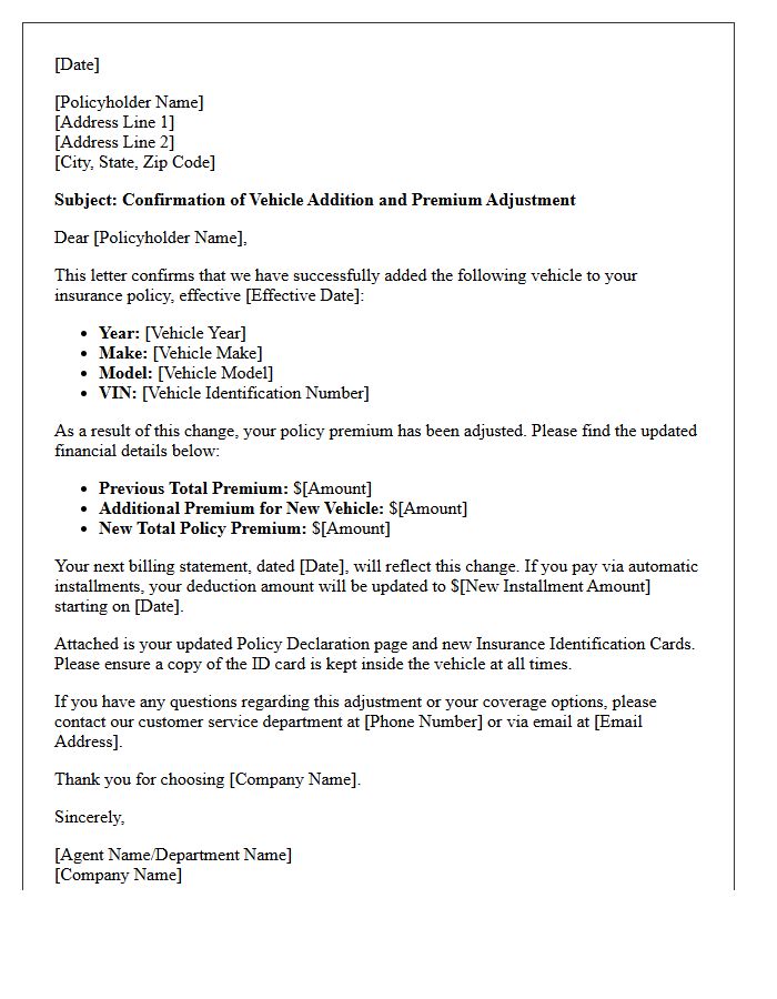 Vehicle Addition Premium Adjustment Letter