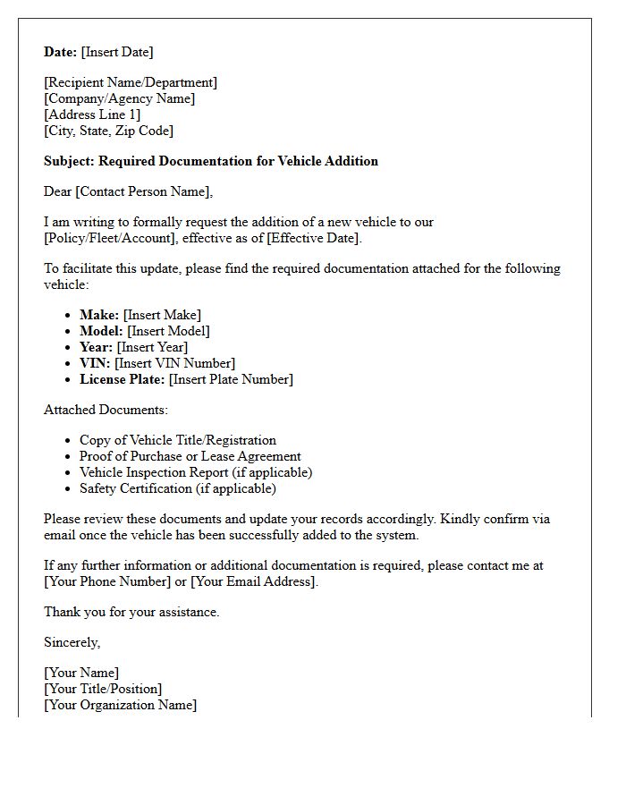 Required Documentation for Vehicle Addition Letter