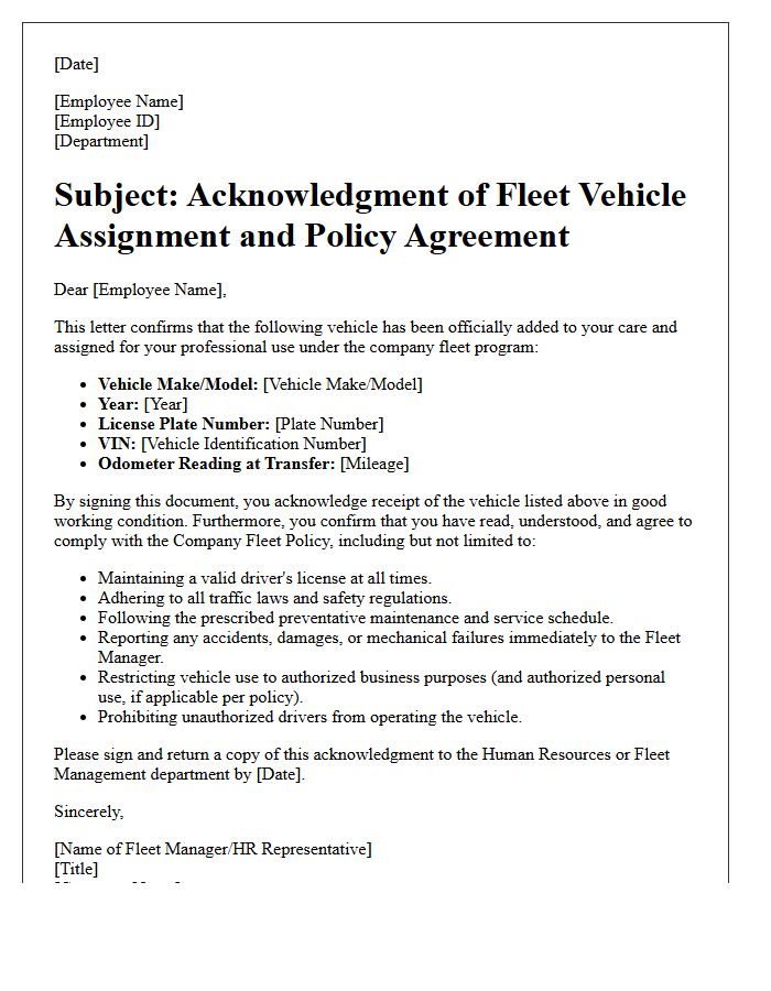Fleet Policy Vehicle Addition Acknowledgment Letter