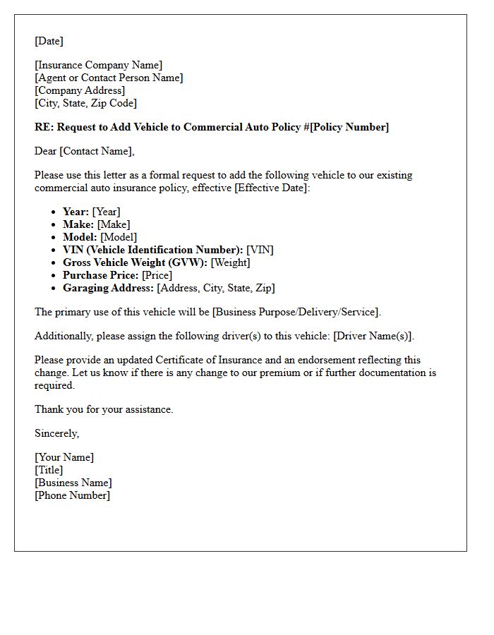 Commercial Auto Vehicle Addition Letter