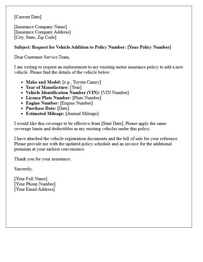 Existing Policy Vehicle Addition Endorsement Letter