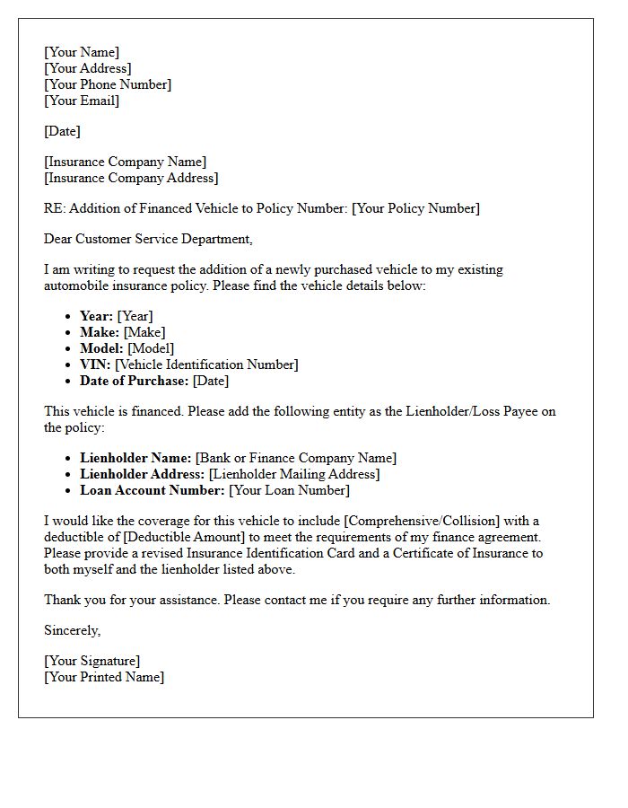 Financed Vehicle Addition to Auto Policy Letter