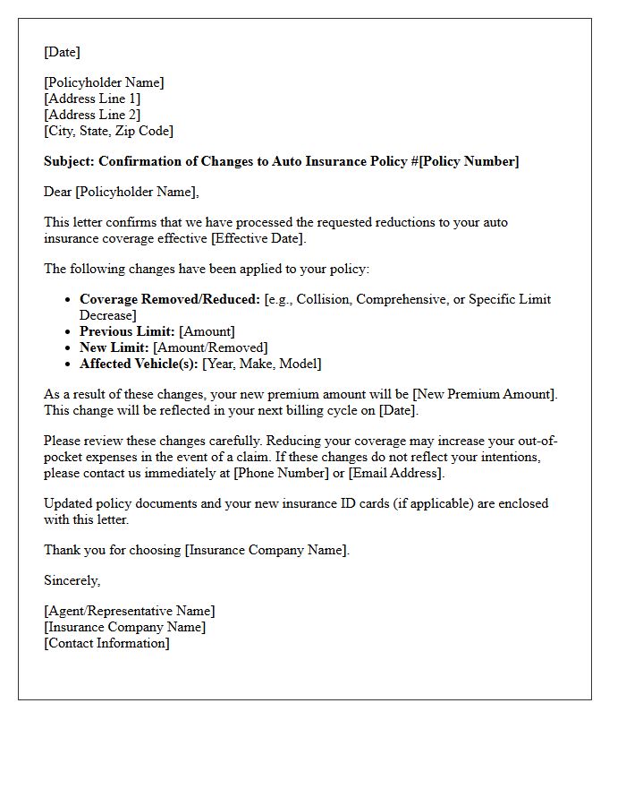 Auto Insurance Coverage Reduction Confirmation Letter