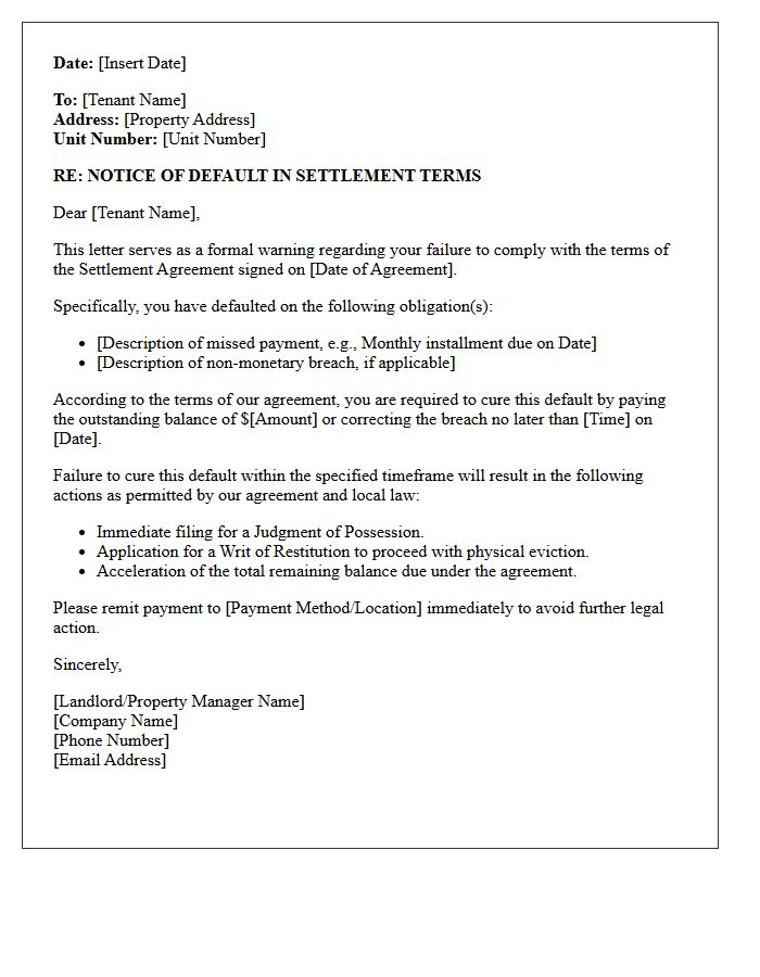 Eviction Settlement Terms Default Warning Letter