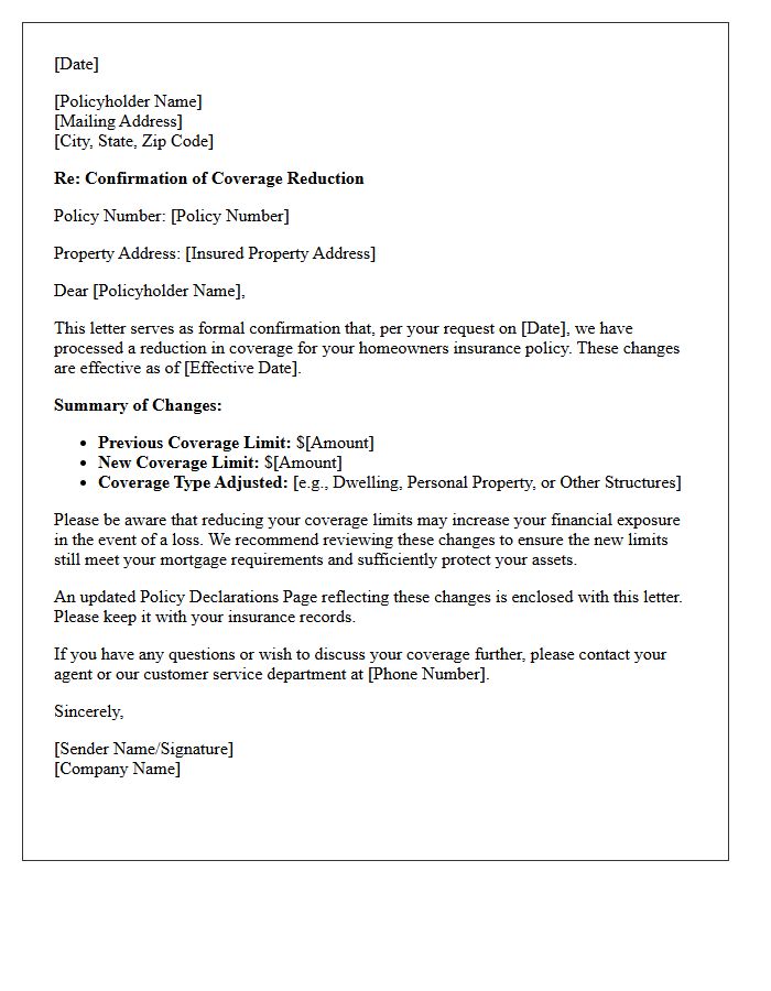 Homeowners Policy Coverage Reduction Confirmation Letter