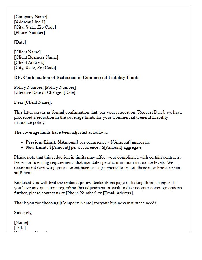 Commercial Liability Limit Reduction Confirmation Letter