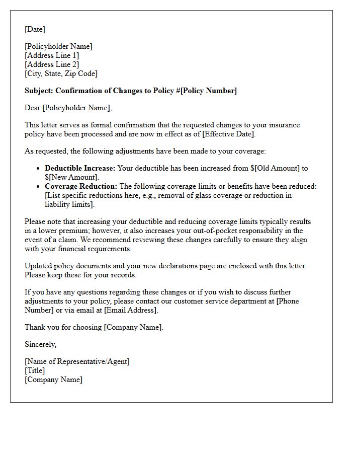 Deductible Increase Coverage Reduction Confirmation Letter