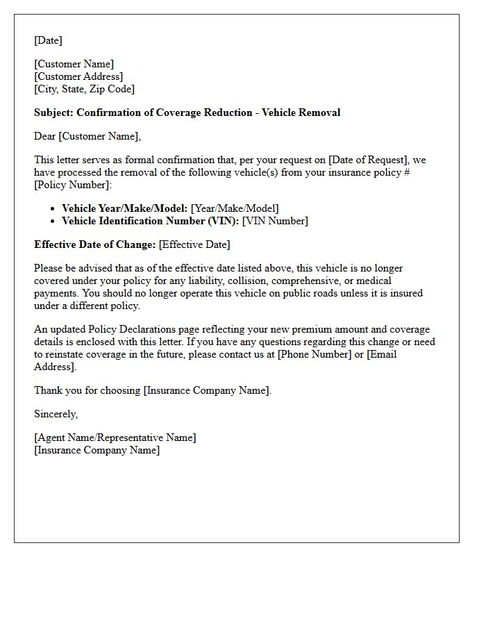 Vehicle Removal Coverage Reduction Confirmation Letter