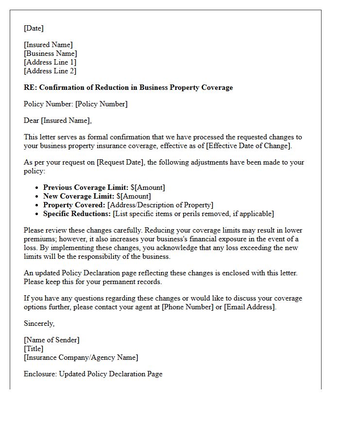 Business Property Coverage Reduction Confirmation Letter