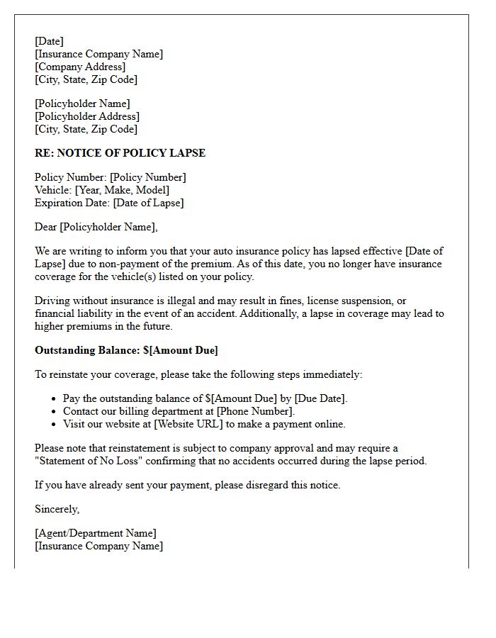 Auto Insurance Policy Lapse Letter Due to Missed Payment