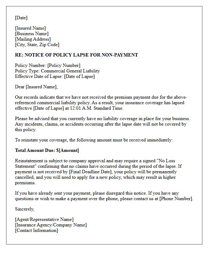 Commercial Liability Policy Lapse Letter for Non-Payment