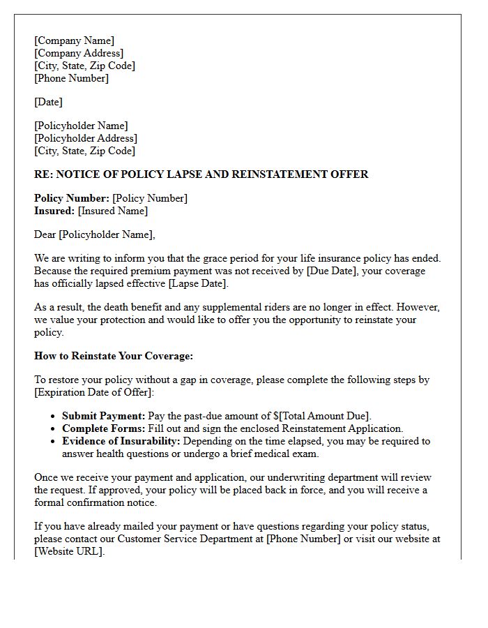 Life Insurance Non-Payment Lapse and Reinstatement Offer Letter
