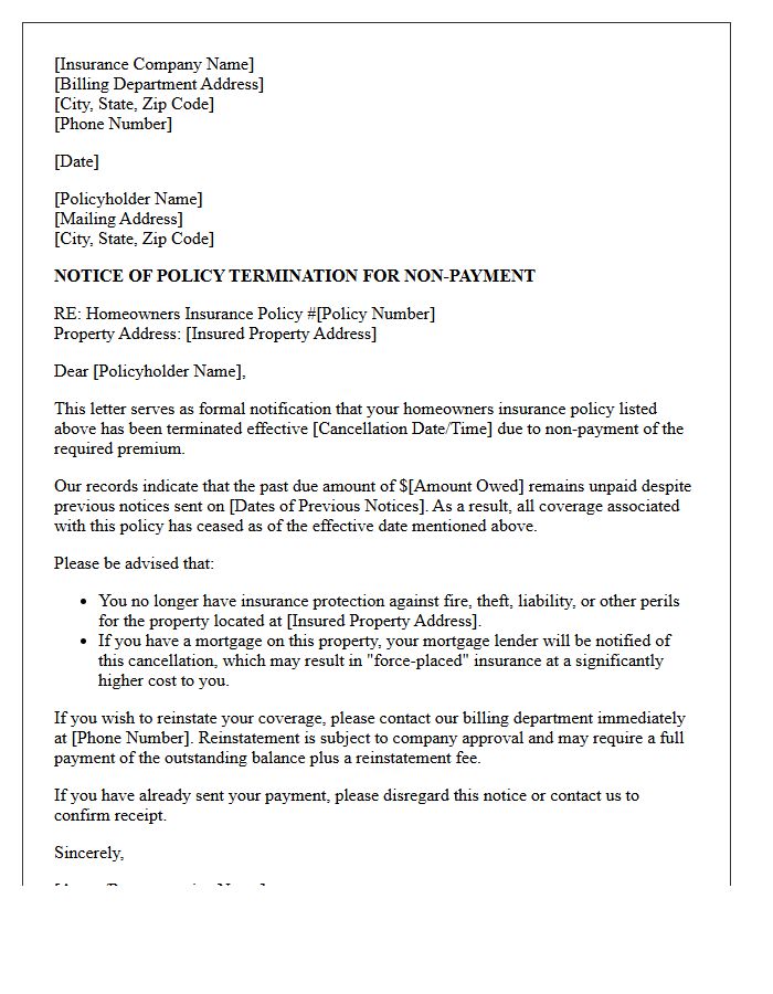 Homeowners Insurance Policy Termination Letter for Unpaid Dues