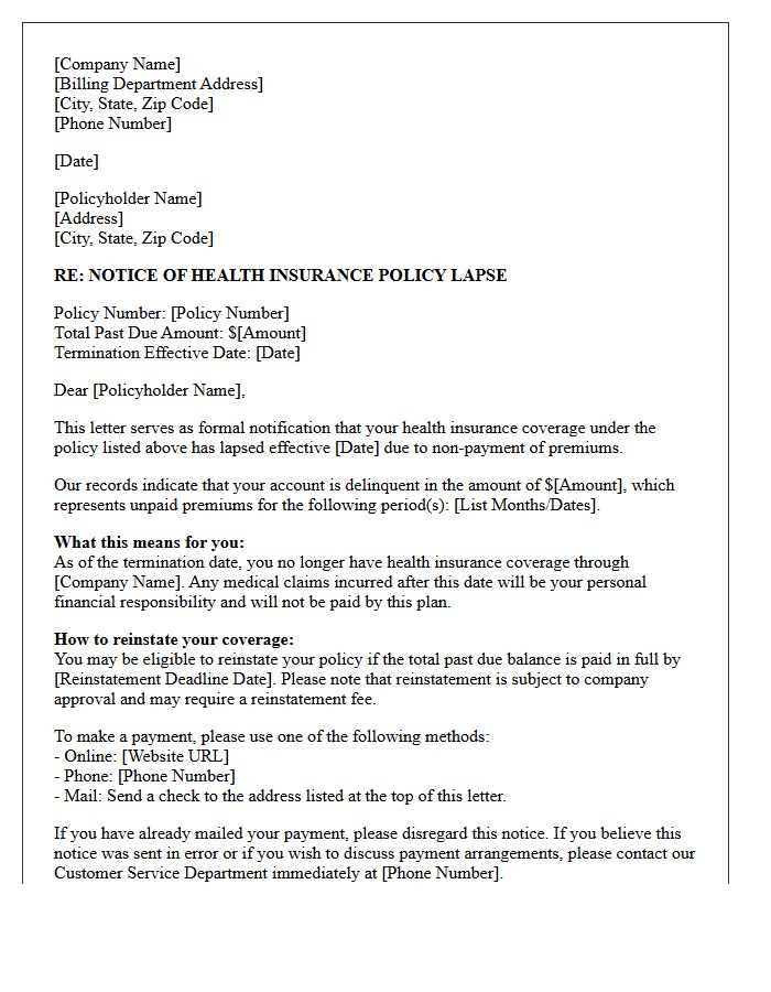 Notice of Health Insurance Policy Lapse Letter for Delinquent Account
