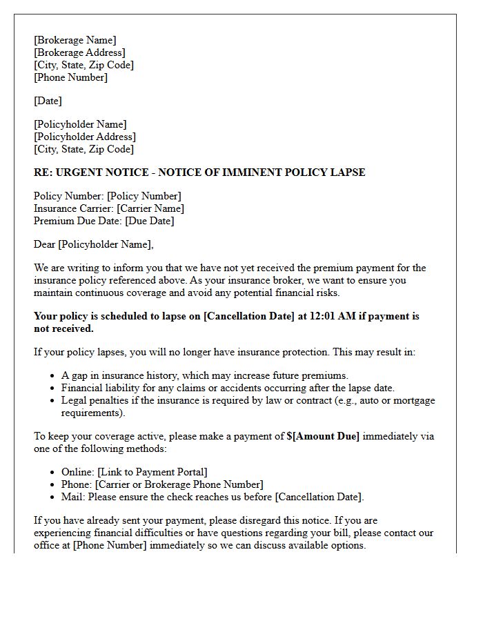 Brokerage Notification Letter of Imminent Policy Lapse for Non-Payment
