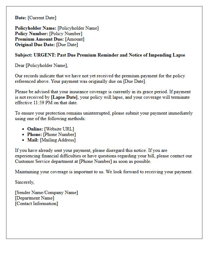 Past Due Premium Reminder and Impending Lapse Letter