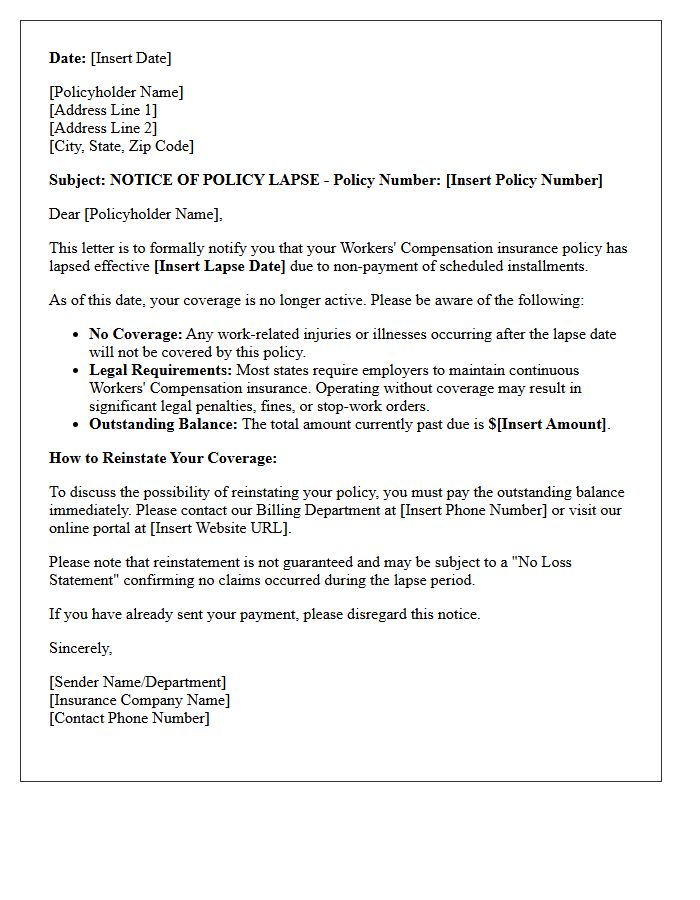 Workers Compensation Insurance Lapse Letter for Missed Installments