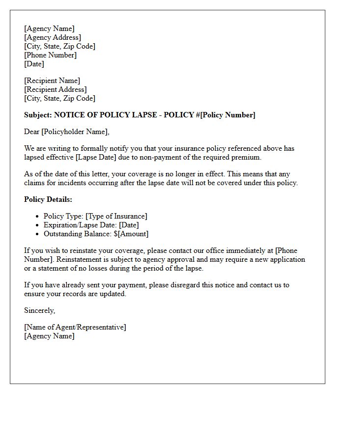 Official Agency Letter of Policy Lapse Due to Non-Payment