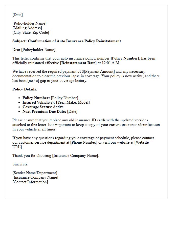 Auto Insurance Policy Reinstatement Confirmation Letter