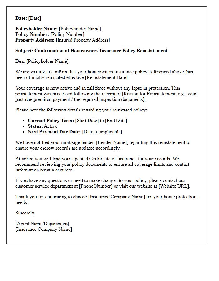 Homeowners Insurance Policy Reinstatement Confirmation Letter