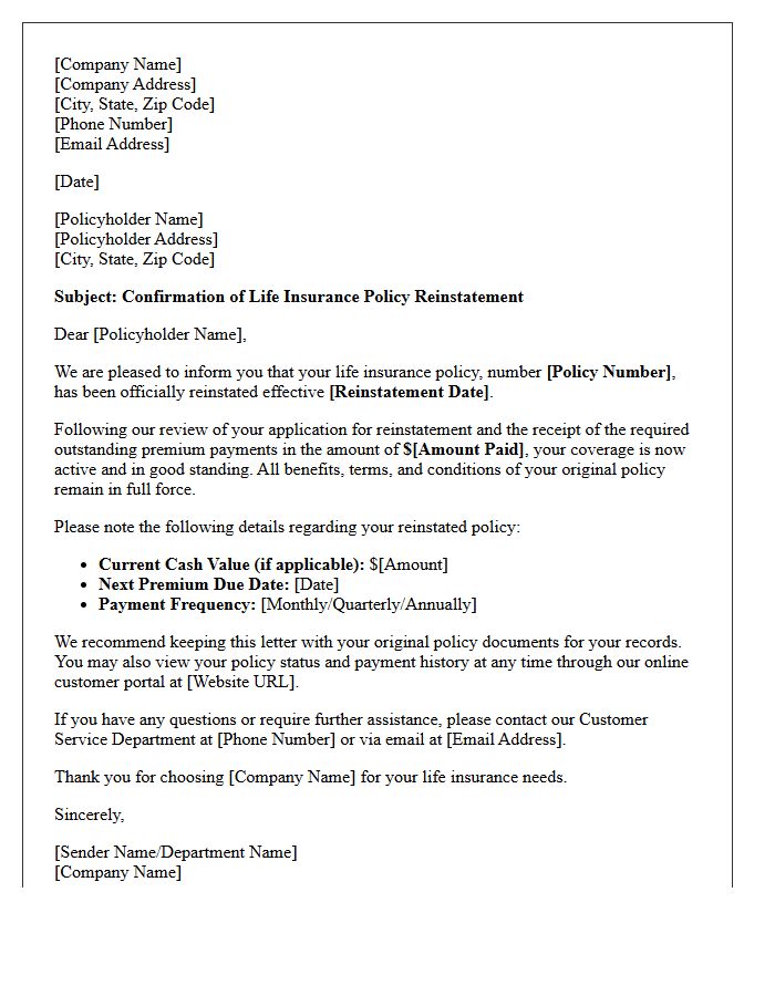 Life Insurance Policy Reinstatement Confirmation Letter