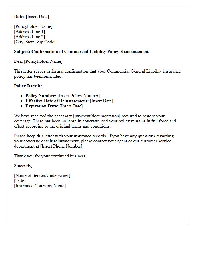 Commercial Liability Policy Reinstatement Confirmation Letter