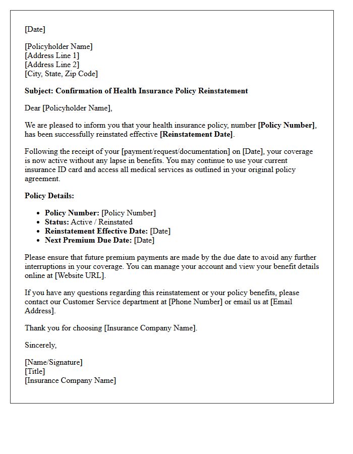 Health Insurance Policy Reinstatement Confirmation Letter