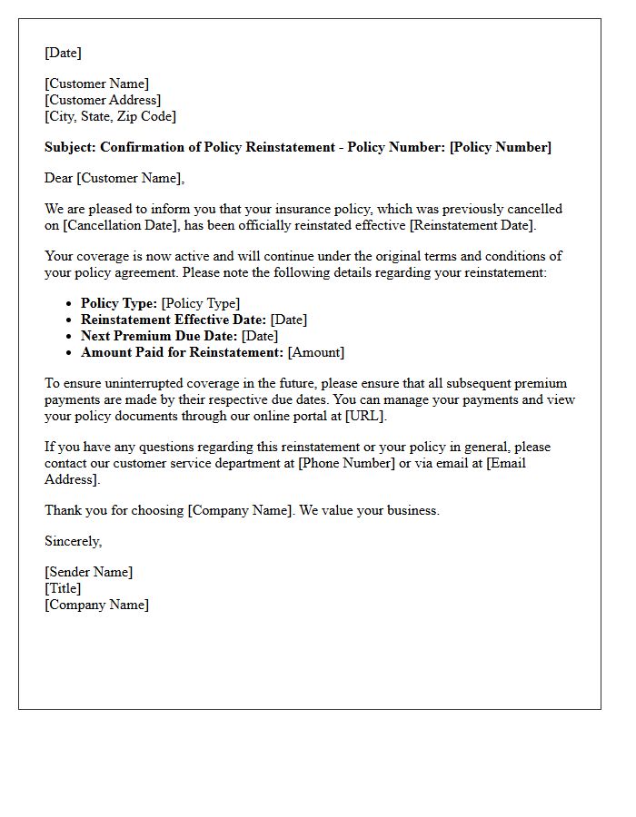 Post-Cancellation Policy Reinstatement Confirmation Letter