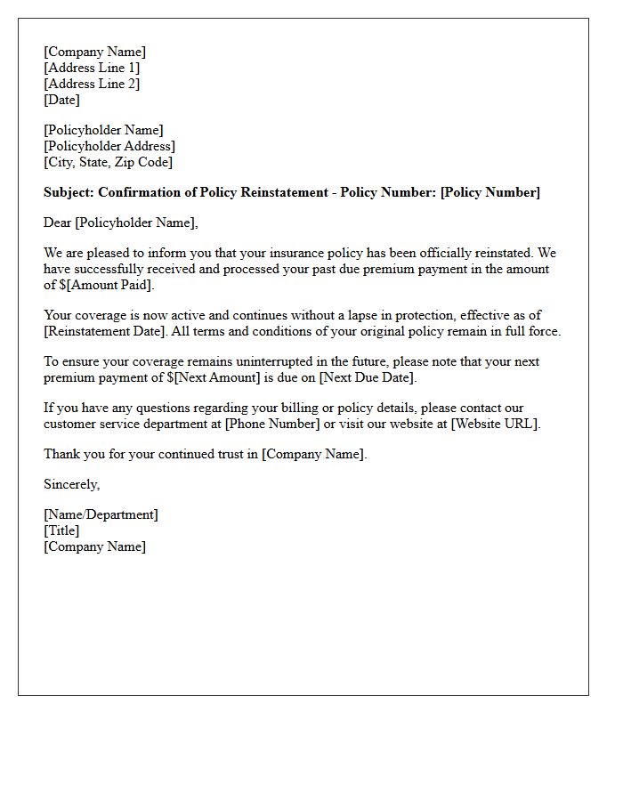 Past Due Premium Payment Reinstatement Confirmation Letter