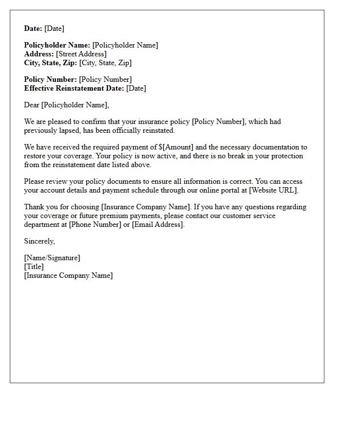 Lapsed Insurance Policy Reinstatement Confirmation Letter
