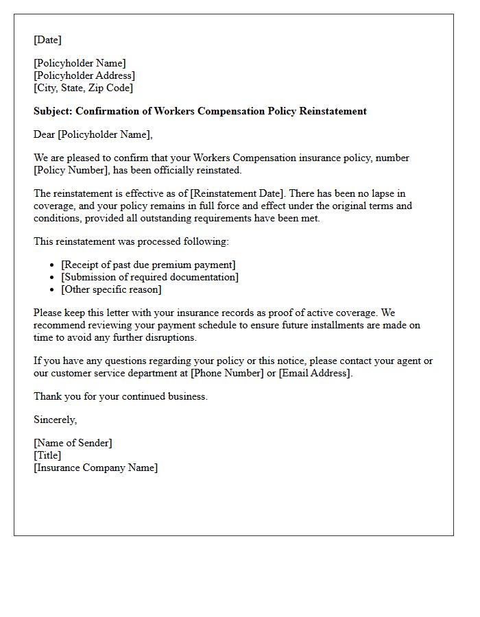 Workers Compensation Policy Reinstatement Confirmation Letter