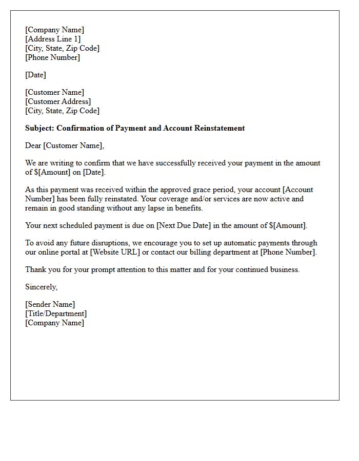 Grace Period Payment Reinstatement Confirmation Letter