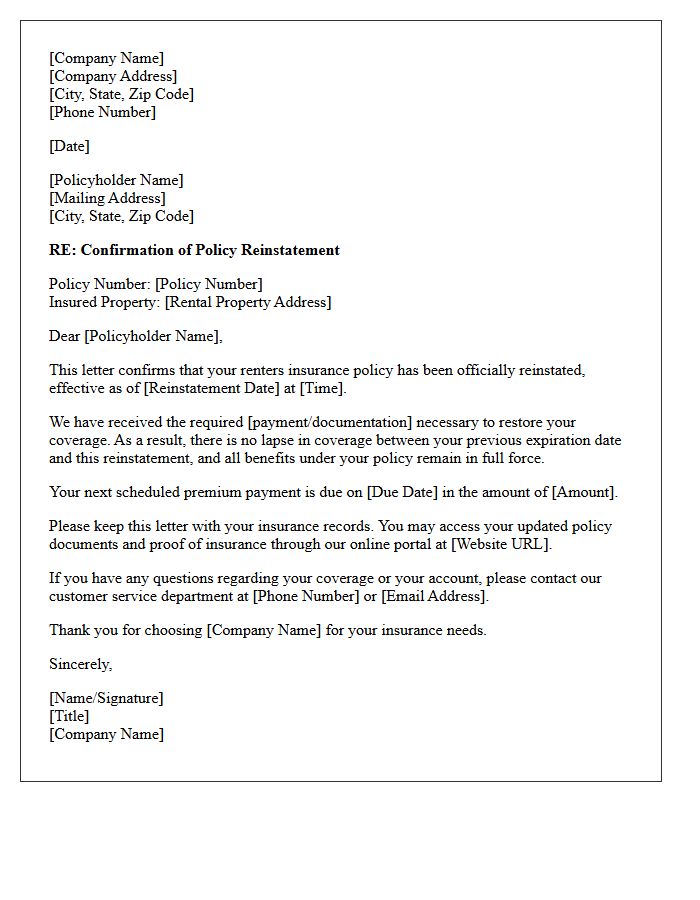 Renters Insurance Policy Reinstatement Confirmation Letter