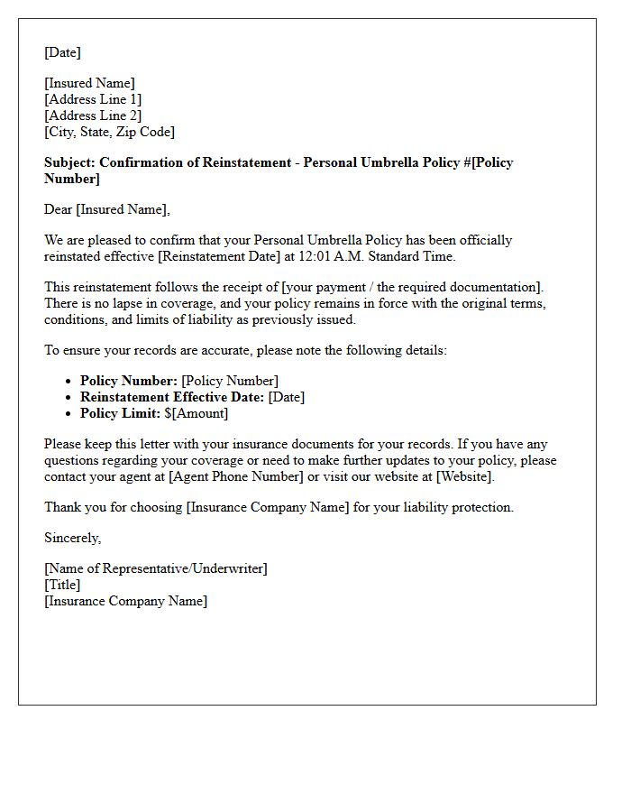 Personal Umbrella Policy Reinstatement Confirmation Letter