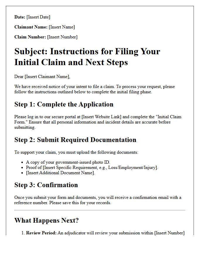 Initial Claim Filing Instructions and Next Steps Letter