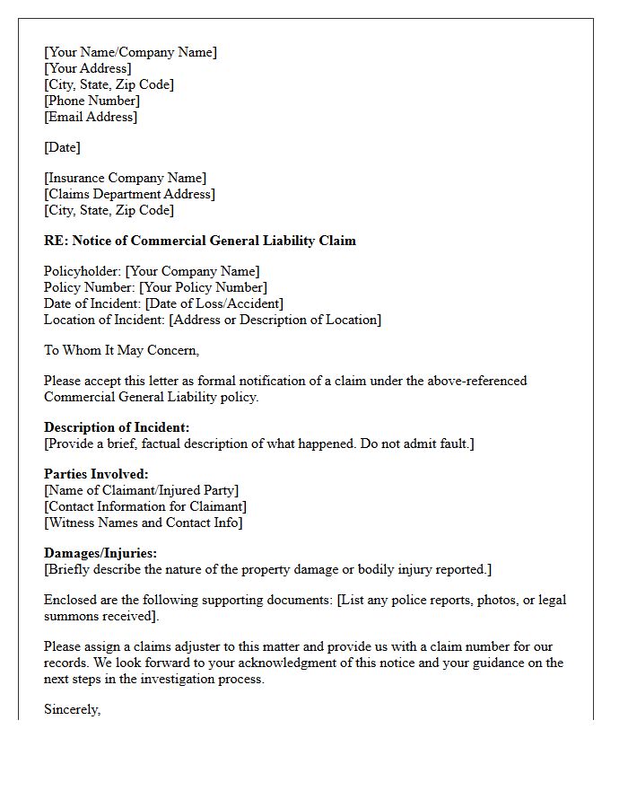 Commercial General Liability Claim Filing Letter