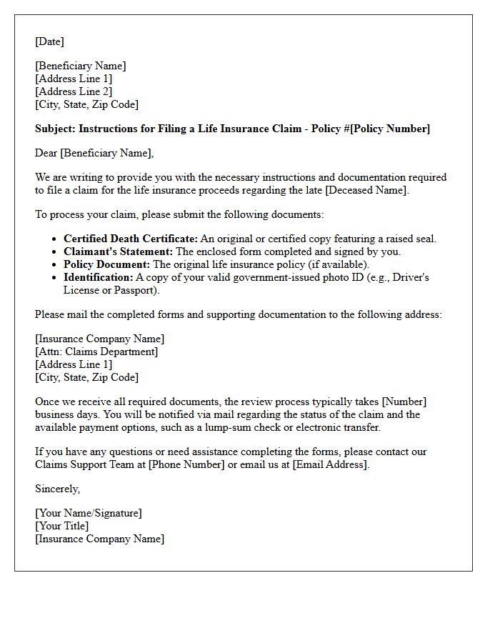 Life Insurance Beneficiary Claim Instructions Letter