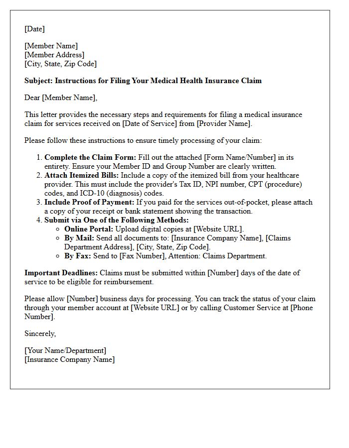 Medical Health Insurance Claim Filing Instructions Letter