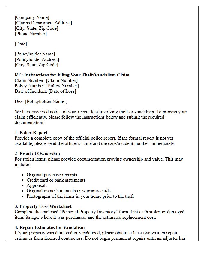 Theft and Vandalism Claim Filing Instructions Letter