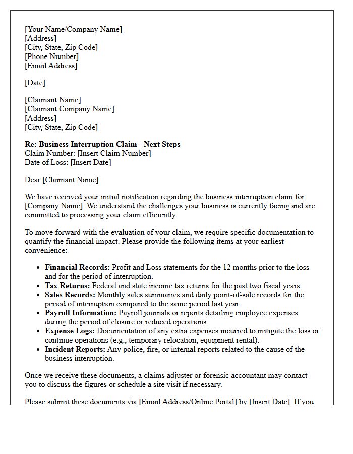 Business Interruption Claim Next Steps Letter