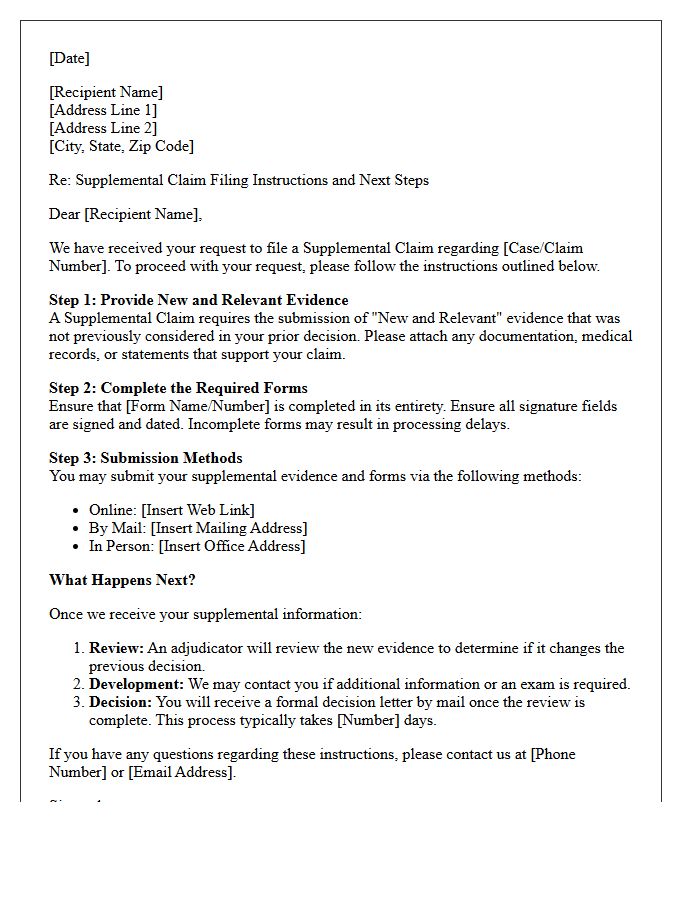Supplemental Claim Filing Instructions and Next Steps Letter
