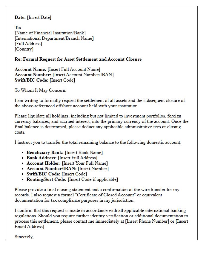 Offshore Account and International Asset Settlement Letter