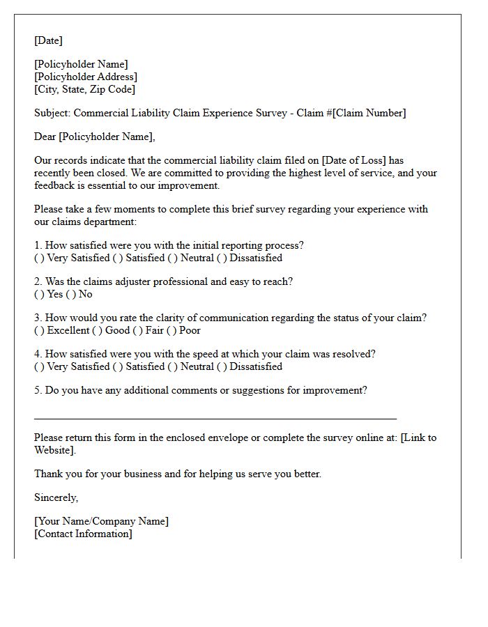 Commercial Liability Claim Experience Survey Letter
