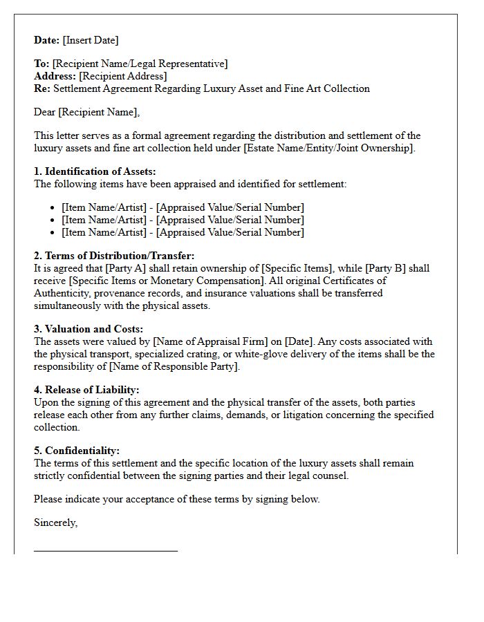 Luxury Asset and Fine Art Collection Settlement Letter