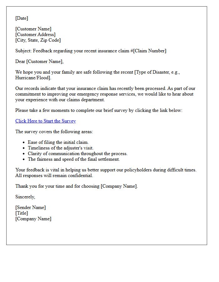 Natural Disaster Claim Response Survey Letter