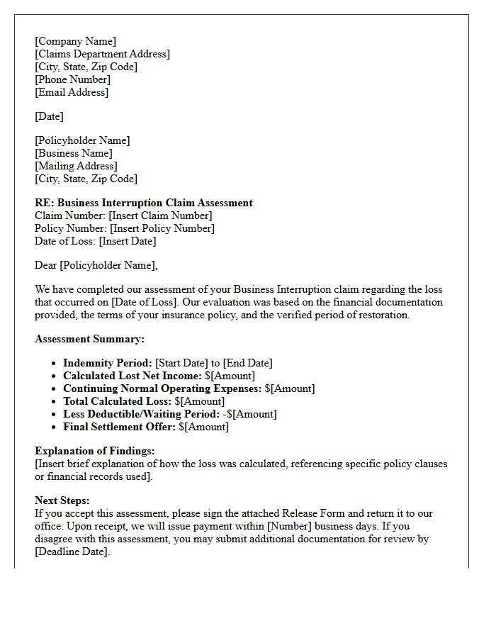 Business Interruption Claim Assessment Letter