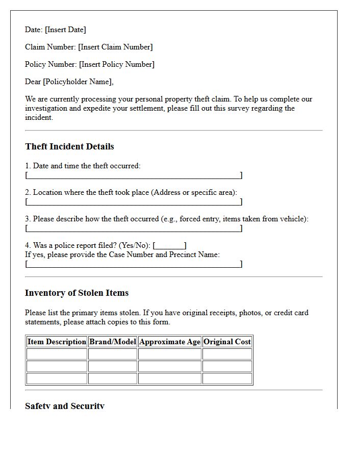 Personal Property Theft Claim Survey Letter