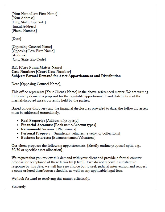 Opposing Counsel Asset Apportionment Demand Letter