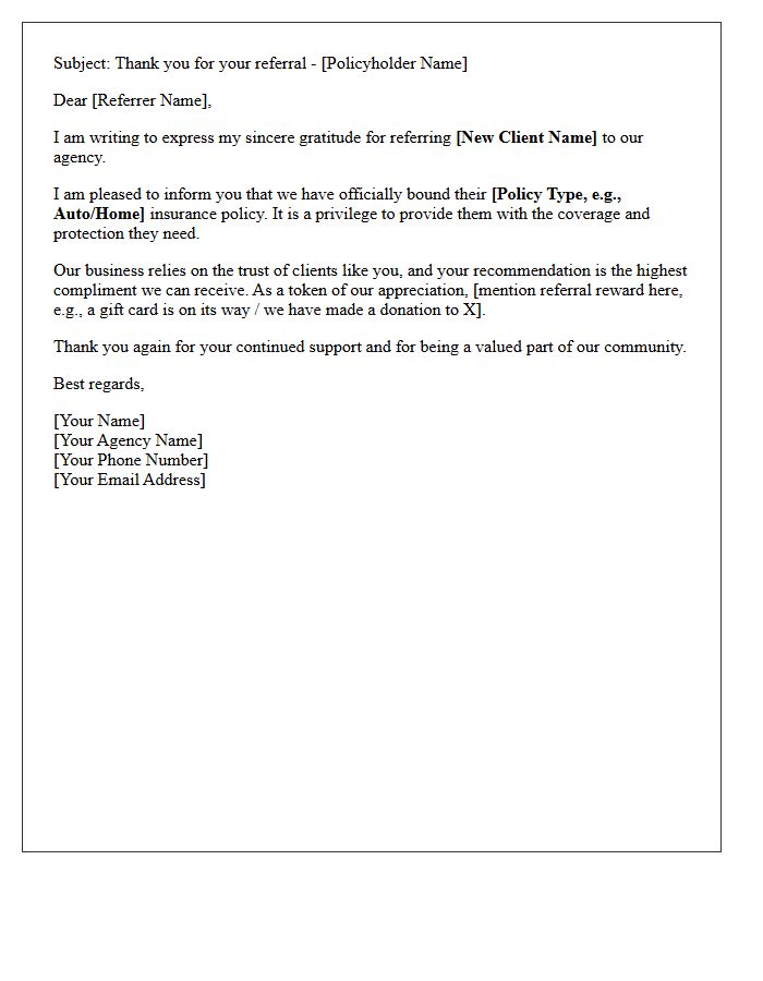 Successful Policy Bind Referral Thank You Letter